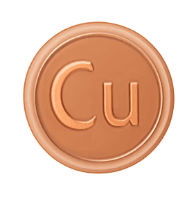 Copper-colored circular object with 'Cu' on a white background